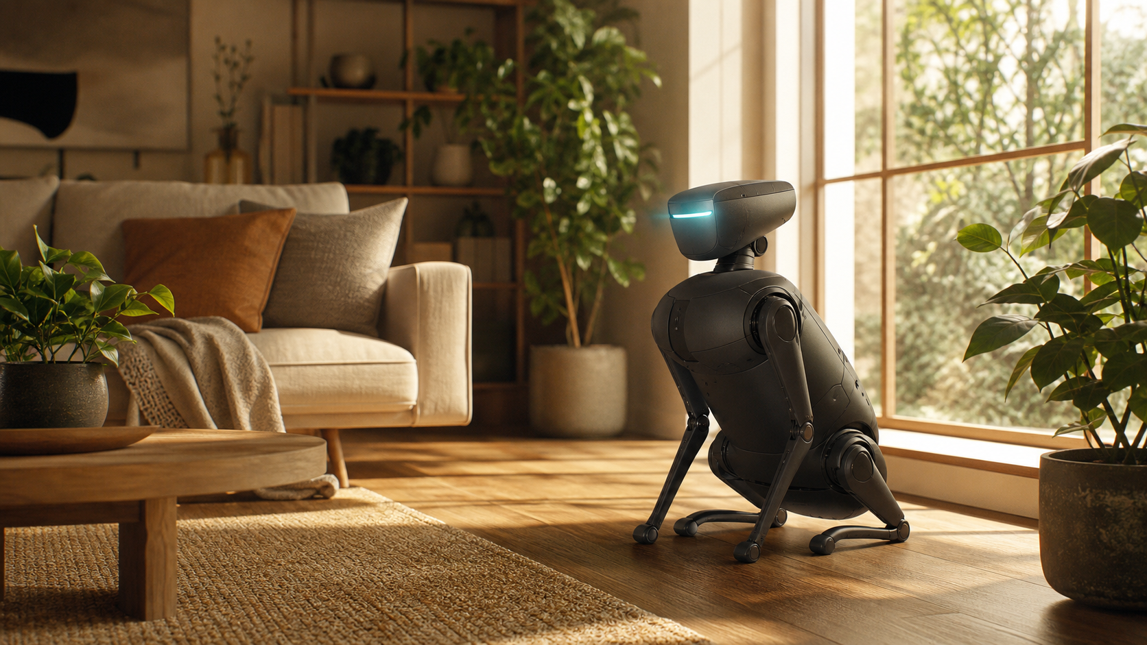 RoboDog als ruhiger Tag-Begleiter im sonnigen Wohnzimmer